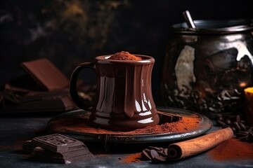 There is a brown cup with freshly brewed coffee on a wooden table. The dark and aromatic coffee contrasts beautifully with the rustic vintage background.