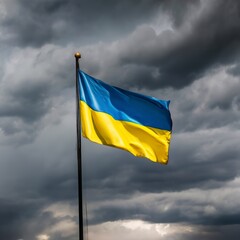 Ukraine flag. Ukrainian flag on black storm cloud sky. stormy weather