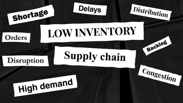 Low Inventory Headlines Illustrate the Supply Chain Bottleneck Problem with Printing Newspaper Machine in the background.