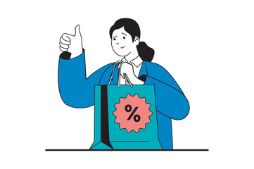 Shopping concept with people scene in flat web design. Woman making purchases and ordering new goods with discount prices at sale. Vector illustration for social media banner, marketing material.