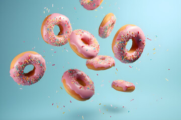 Flying frosted sprinkled donuts. Set of pink doughnuts