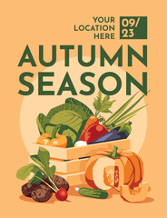 set of fresh vegetables harvest in wooden box. Farm and agricultural market or festival poster. Vector flat illustration
