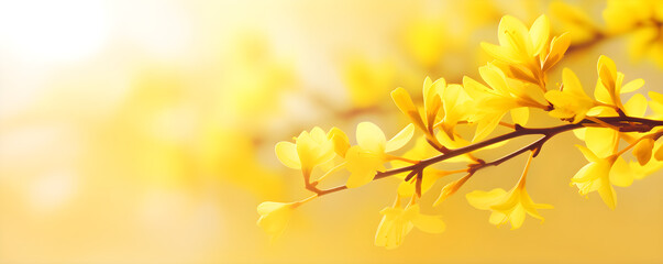 flowering forsythia in springtime sunshine, floral spring background banner concept with copy space and defocused lights in saturated yellow color