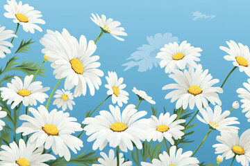 floral pattern of white daisies blue background, green leaves