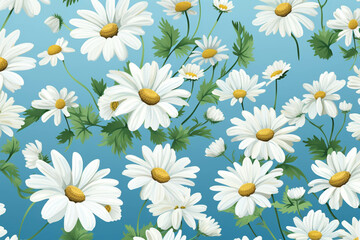 Obraz premium floral pattern of white daisies blue background, green leaves