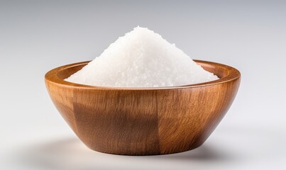 Fototapeta na wymiar White Salt Presented in a Wooden Bowl Against a Clear White Background