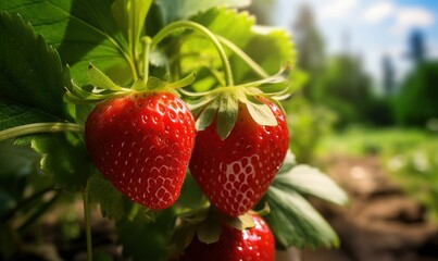 Close-Up of Ripe Strawberries Growing in a Garden