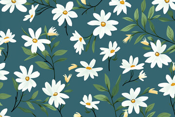 floral pattern of white daisies blue background, green leaves