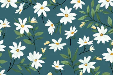Gordijnen floral pattern of white daisies blue background, green leaves © Pichsakul