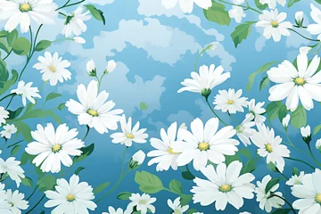 Fotobehang floral pattern of white daisies blue background, green leaves © Pichsakul