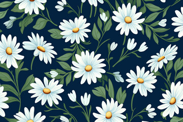 floral pattern of white daisies blue background, green leaves