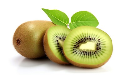 Fototapeta premium Kiwi Fruit, Complete with Leaf and Slices, Set Against a White Backdrop