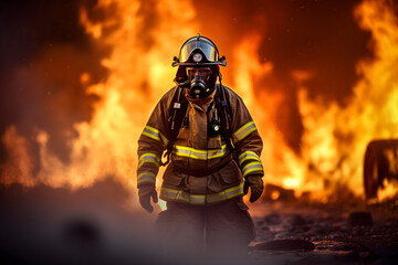 fireman with fire flame in an emergency situation in background., under danger situation all firemen wearing fire fighter suit for safety