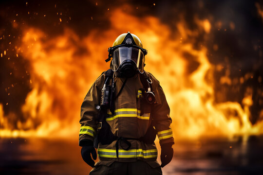 fireman with fire flame in an emergency situation in background., under danger situation all firemen wearing fire fighter suit for safety