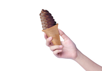 Hand hold chocolate cone ice scream isolated on white background.
