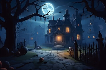 Halloween concept background of a horror house and scary street with full moonlight