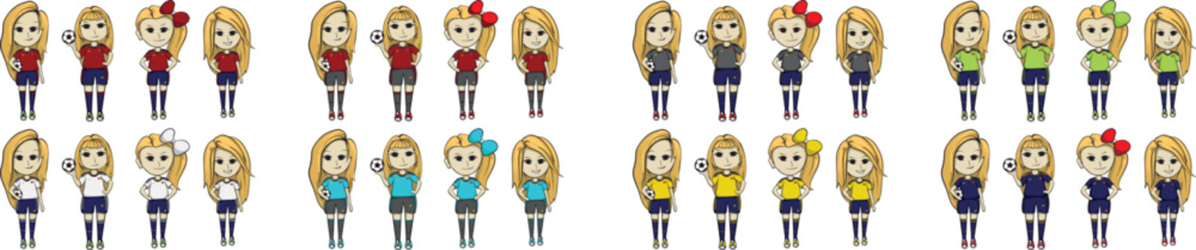 Vector female character wearing a cute soccer jersey with many variations of characters, usually used for decorative elements