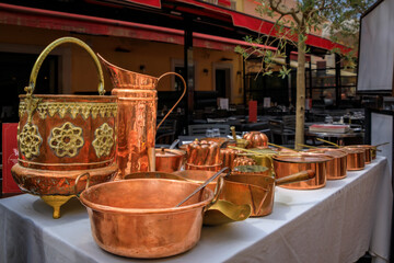 Vintage copper cookware pots and pans for sale at the Cours Saleya outdoor flea market in Old Town Vieille Ville, Nice, French Riviera South of France