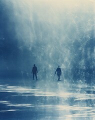 Cyanotype art, surfers at ocean, blue, afterimage, double exposure, vintage, retro, natural, arty, moody, shades of blue, beautiful image, dark figures, silhouettes, people in a storm, wild