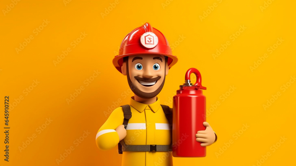 Wall mural copy space, 3d render. Cartoon character caucasian fire man holding a fire extinguisher wears helmet and protective clothing. clip art isolated on yellow background. fire prevention