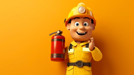 copy space, 3d render. Cartoon character caucasian fire man holding a fire extinguisher wears helmet and protective clothing. clip art isolated on yellow background. fire prevention