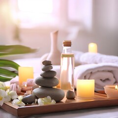 Fototapeta na wymiar Beautiful spa composition on massage table in wellness center