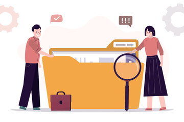 Quick and easy search for files and folders. Smart business people uses magnifying glass and standing near big yellow folder and search bar. Indexing, database concept. Teamwork.