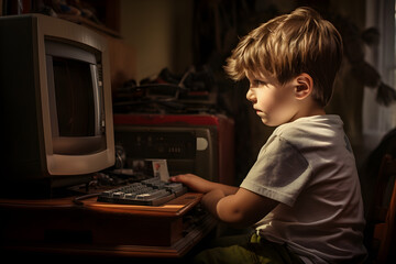 Fototapeta na wymiar child playing on the retro vintage console