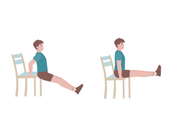 Exercises that can be done at-home using a sturdy chair.
Legs up until they are parallel with the ground. You need to keep legs as straight as possible. with Leg-Raise posture. Cartoon style.