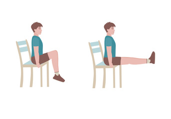 Exercises that can be done at-home using a sturdy chair.
Pull your knees in to one side of your chest. Push them out again and pull them in to the other side. with Crunch Kicks posture. Cartoon style.