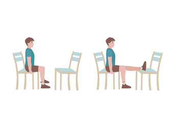 Fototapeta premium Exercises that can be done at-home using a sturdy chair. Use two chairs. While seated, extend your leg so that it rests on the other chair. Slowly raise the leg. with Horizontal Straight-Leg Raise.