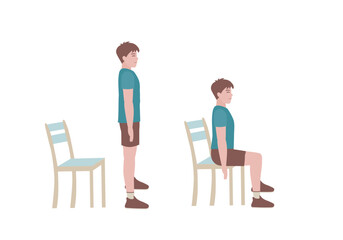 Fototapeta na wymiar Exercises that can be done at-home using a sturdy chair. Once standing, raise your head so you are looking forward and pull the shoulders down and back. Slowly lower yourself back down to sitting. 