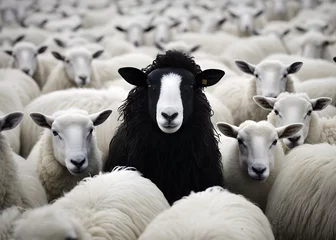 Selbstklebende Fototapeten black sheep in a flock of white sheep © sam