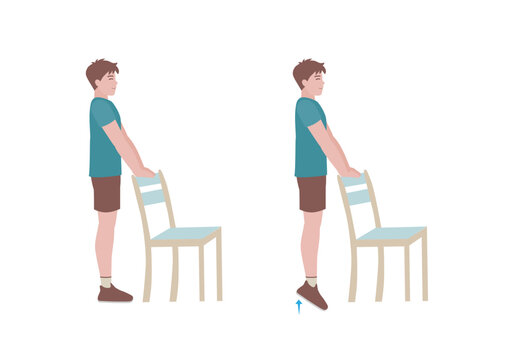Exercises that can be done at-home using a sturdy chair.
Stand on a step so your heel can drop lower than the rest of your foot at the bottom of the movement. with Calf raises posture. Cartoon style.