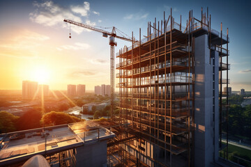 Underconstruction in real estate business with sun rise background - obrazy, fototapety, plakaty