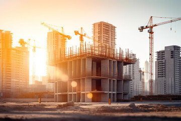 Fototapeta premium Underconstruction in real estate business with sun rise background