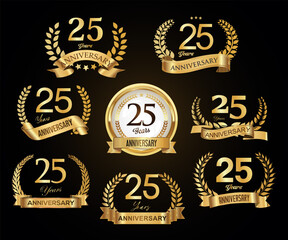 Collection of golden laurel wreaths anniversary badges vector illustration 