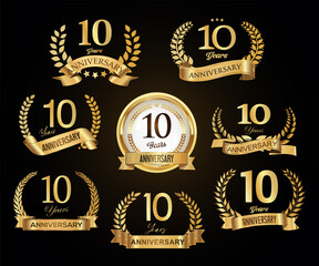 Collection of golden laurel wreaths anniversary badges vector illustration 