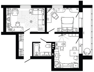 Apartment house floor plan with furniture arrangement. Interior design view from above. Vector blueprint - 645913145