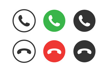 phone call icon set. mobile cell answer icon for mobile concept and web design. red green circle. receive contact decline. handset shape symbol vector illustration. Flat vector simple element graphics