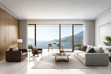 Naklejka na ściany i meble Generative AI Minimal style Modern white living room with blank white wall for copy space 3d render,The Rooms white floors ,decorated with brown furniture,There are large open sliding door Overlooking