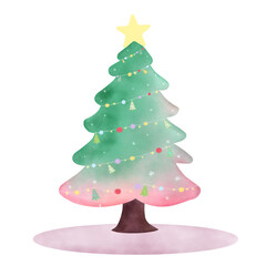 Christmas collection a pastel cute Christmas tree and decorative ball lights watercolor technique. Vector illustration drawing.