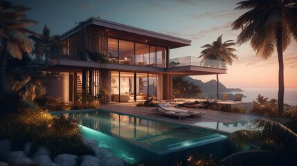 3d rendering of modern cozy house with pool and sea view for sunset generative ai