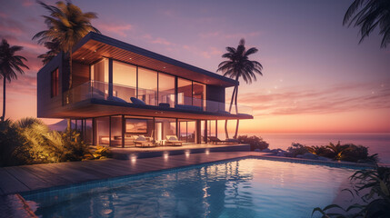 Fototapeta na wymiar 3d rendering of modern cozy house with pool and sea view for sunset generative ai