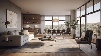 Interior of a modern living room with a panoramic window. 3d rendering generative ai