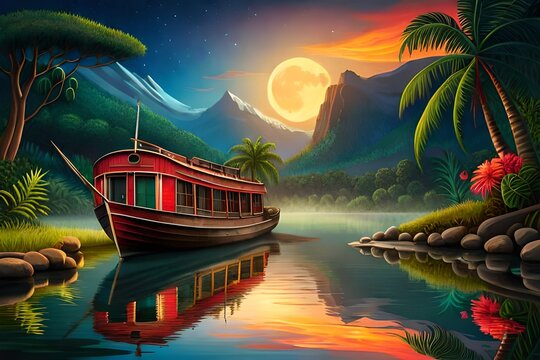 An old, rusty, sunken boat in a tropical river. Jungle, hippopotamus, heron, fish and lizard. Crimson moon in the night sky over the rainforest