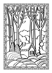 Coloring book with fairy forest and cottege, wooden house