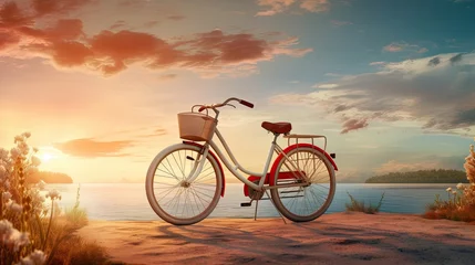 Foto op Plexiglas Red vintage bicycle parked by the river at sunset © inthasone