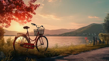 Fototapeten Red vintage bicycle parked by the river at sunset © inthasone