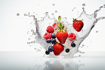 Fresh raspberry and blueberry fall into water splash in white background